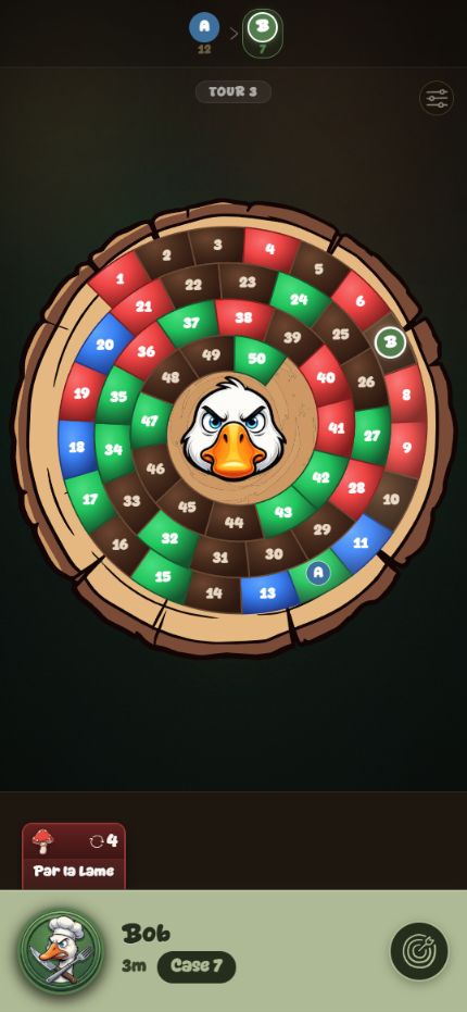 Partie de Gooseye : plateau circulaire de 51 cases, oies des joueurs et carte en cours.