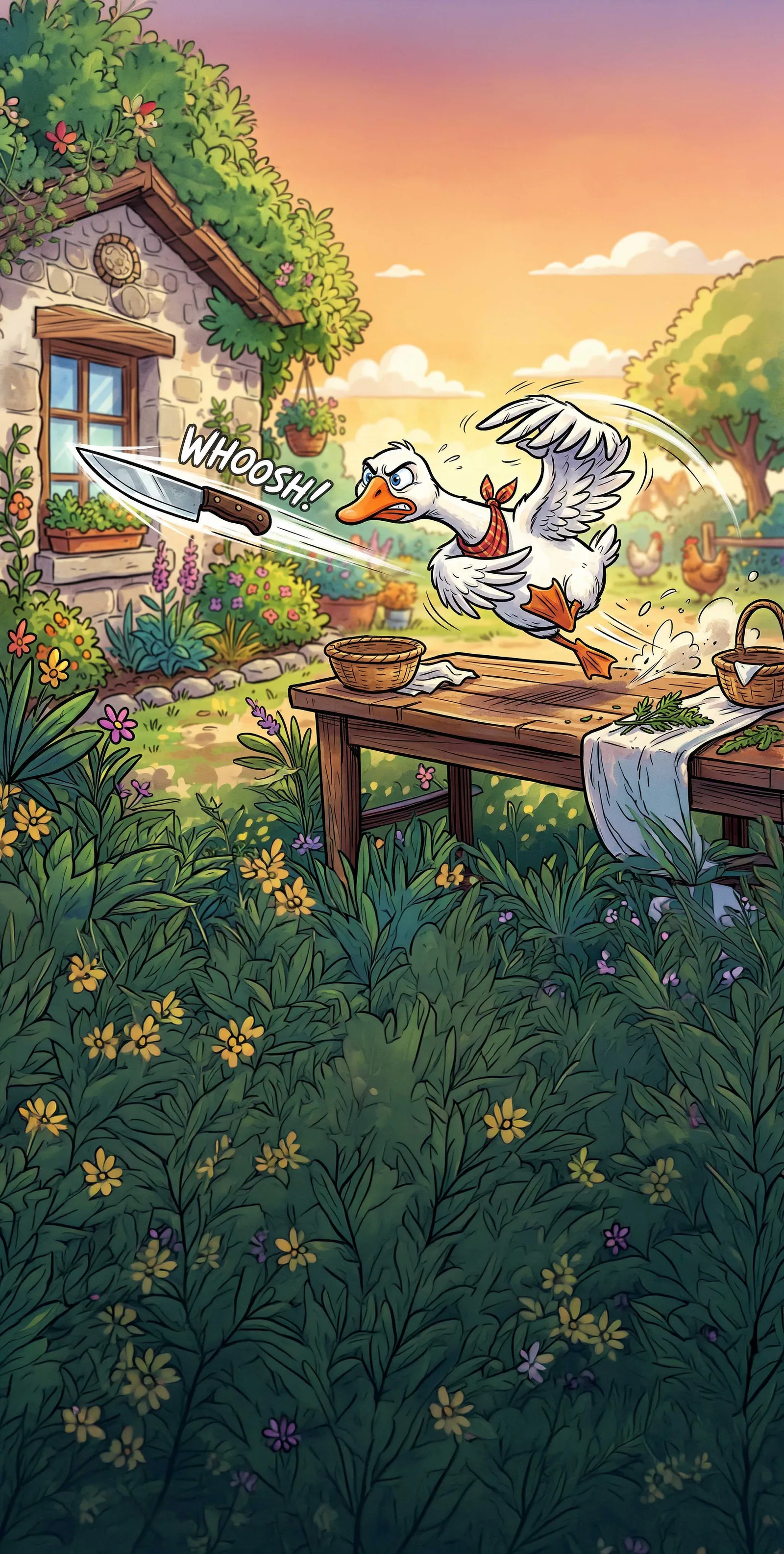 Une oie au bandana rouge lance un couteau dans un jardin illustré, au coucher du soleil.